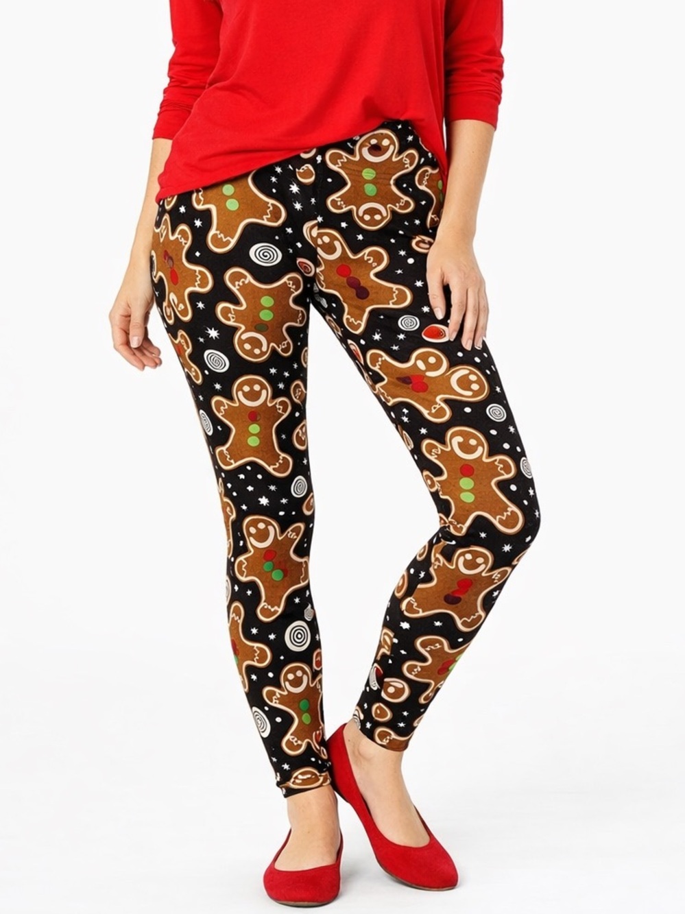 CHRISTMAS Gumdrop Gingerbread Man Print Holiday Buttery Soft Leggings Brown